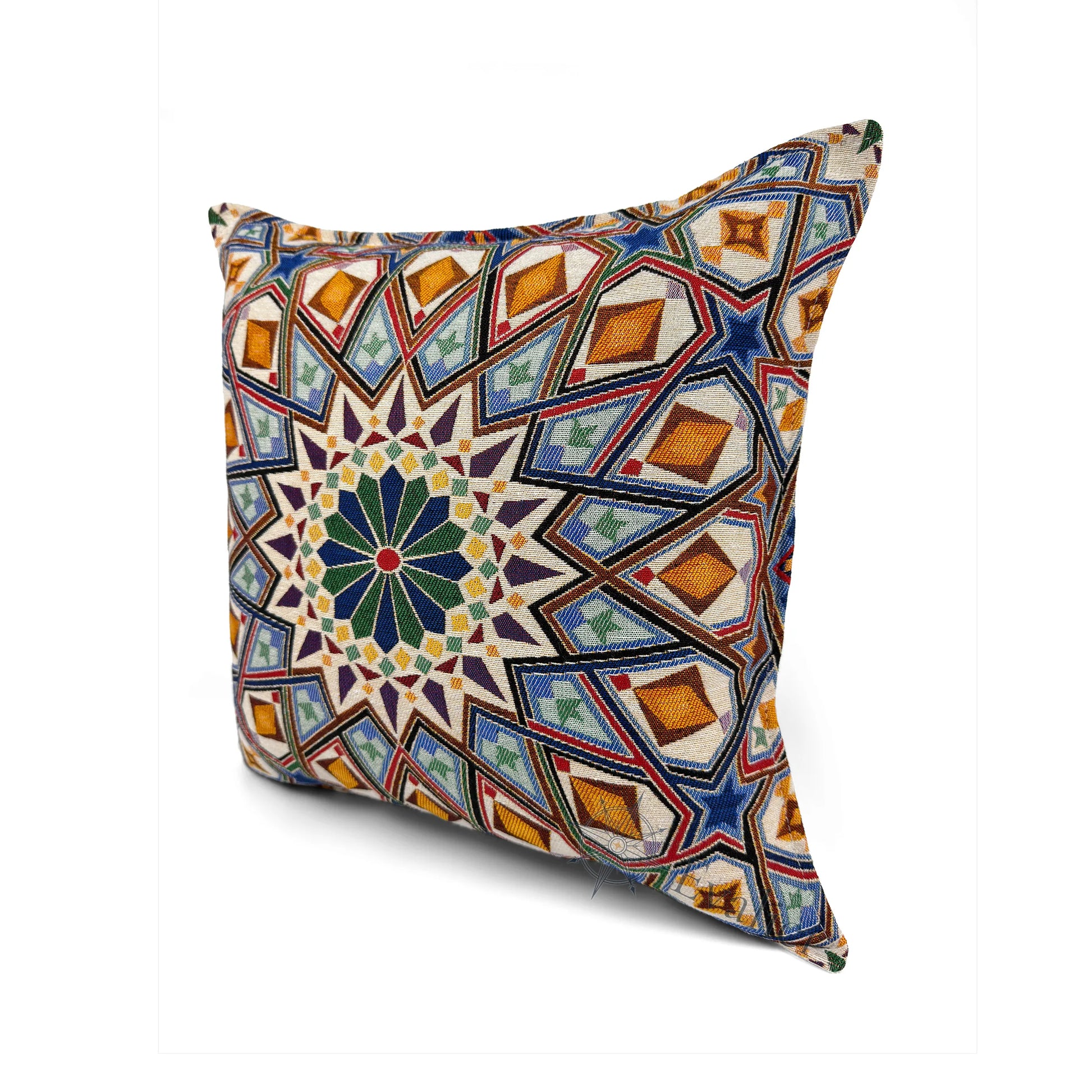 Evalier Celestial Mosaic pillow cover – angled front view, premium woven cushion cover showcasing detailed geometric symmetry and vibrant mosaic-inspired design (45 × 45 cm / 18 × 18 in)