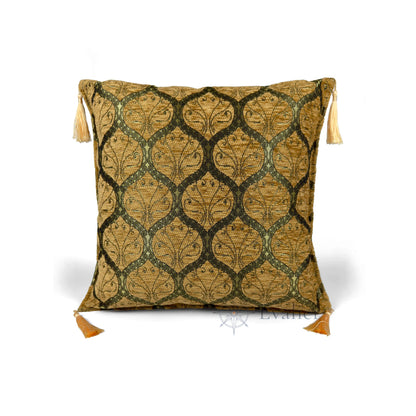 Evalier Antique Gold pillow cover – front view, Imperial Elegance chenille decorative cushion cover with ornamental motif and corner tassels (45 × 45 cm / 18 × 18 in)