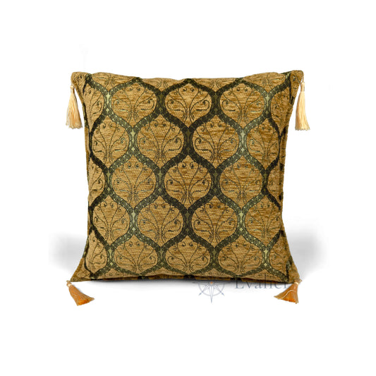 Evalier Antique Gold pillow cover – front view, Imperial Elegance chenille decorative cushion cover with ornamental motif and corner tassels (45 × 45 cm / 18 × 18 in)