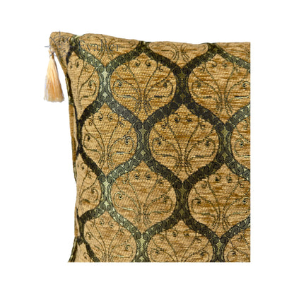 Evalier Antique Gold pillow cover – close-up corner detail, Imperial Elegance chenille cushion cover showing fabric texture, ornamental pattern, and tassel detail (45 × 45 cm / 18 × 18 in)