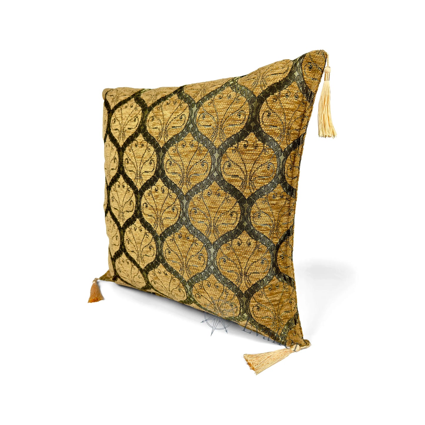 Evalier Antique Gold pillow cover – angled front view, Imperial Elegance chenille decorative cushion cover highlighting the ornamental motif, chenille fabric texture, and elegant corner tassels (45 × 45 cm / 18 × 18 in)