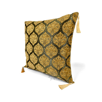 Evalier Antique Gold pillow cover – angled front view, Imperial Elegance chenille decorative cushion cover highlighting the ornamental motif, chenille fabric texture, and elegant corner tassels (45 × 45 cm / 18 × 18 in)