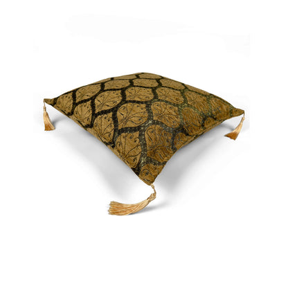 Evalier Antique Gold pillow cover – top angled view, Imperial Elegance chenille decorative cushion cover showing overall shape, dimensional form, and ornamental chenille pattern (45 × 45 cm / 18 × 18 in)