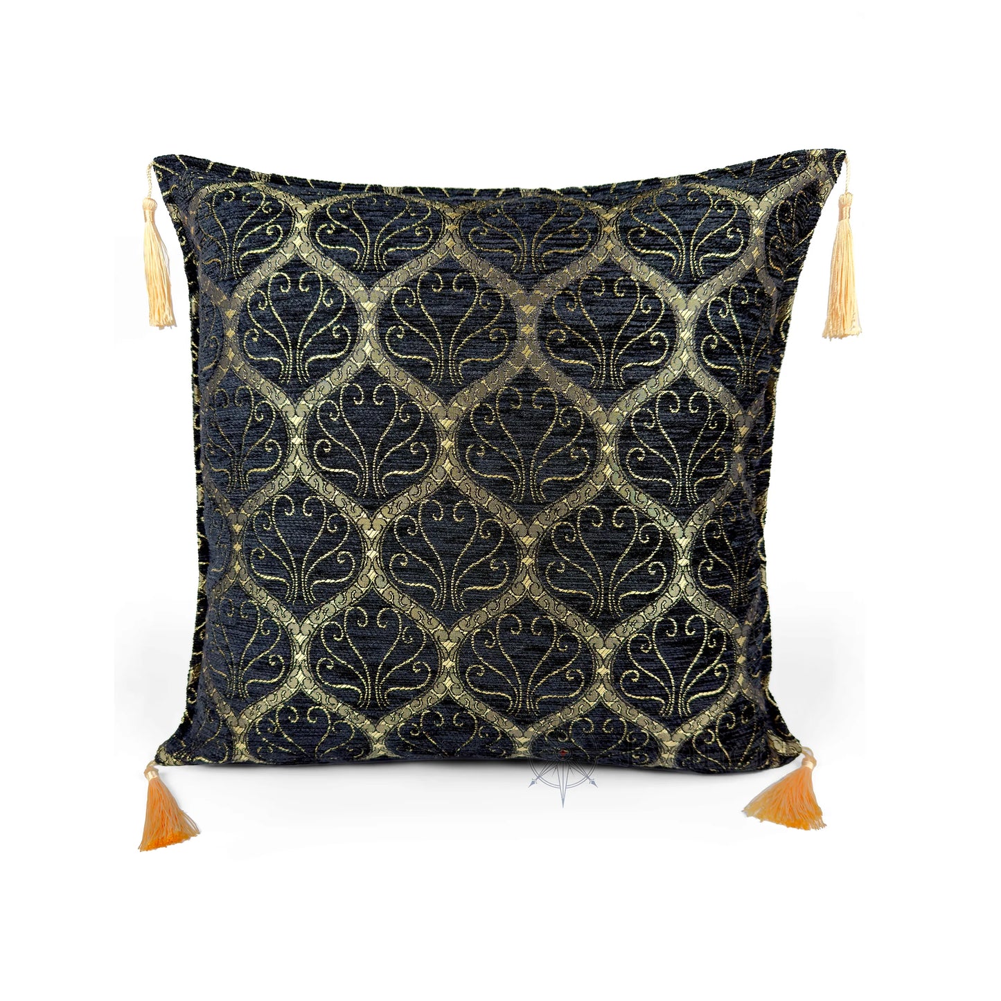 Evalier Obsidian pillow cover – front view, Imperial Elegance chenille decorative cushion cover with ornamental motif and corner tassels (45 × 45 cm / 18 × 18 in)