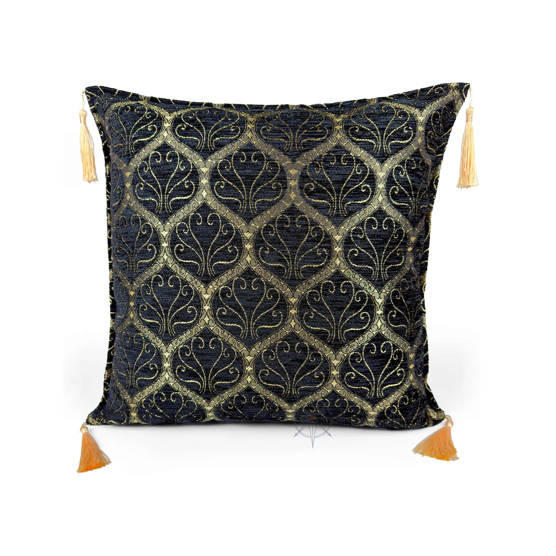 Evalier Obsidian pillow cover – front view, Imperial Elegance chenille decorative cushion cover with ornamental motif and corner tassels (45 × 45 cm / 18 × 18 in)