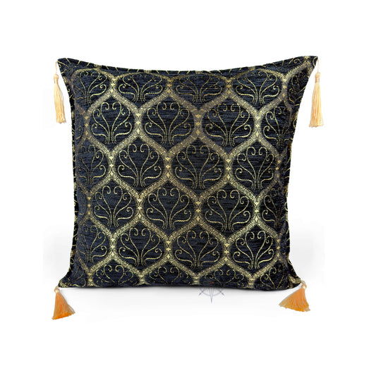 Evalier Obsidian pillow cover – front view, Imperial Elegance chenille decorative cushion cover with ornamental motif and corner tassels (45 × 45 cm / 18 × 18 in)