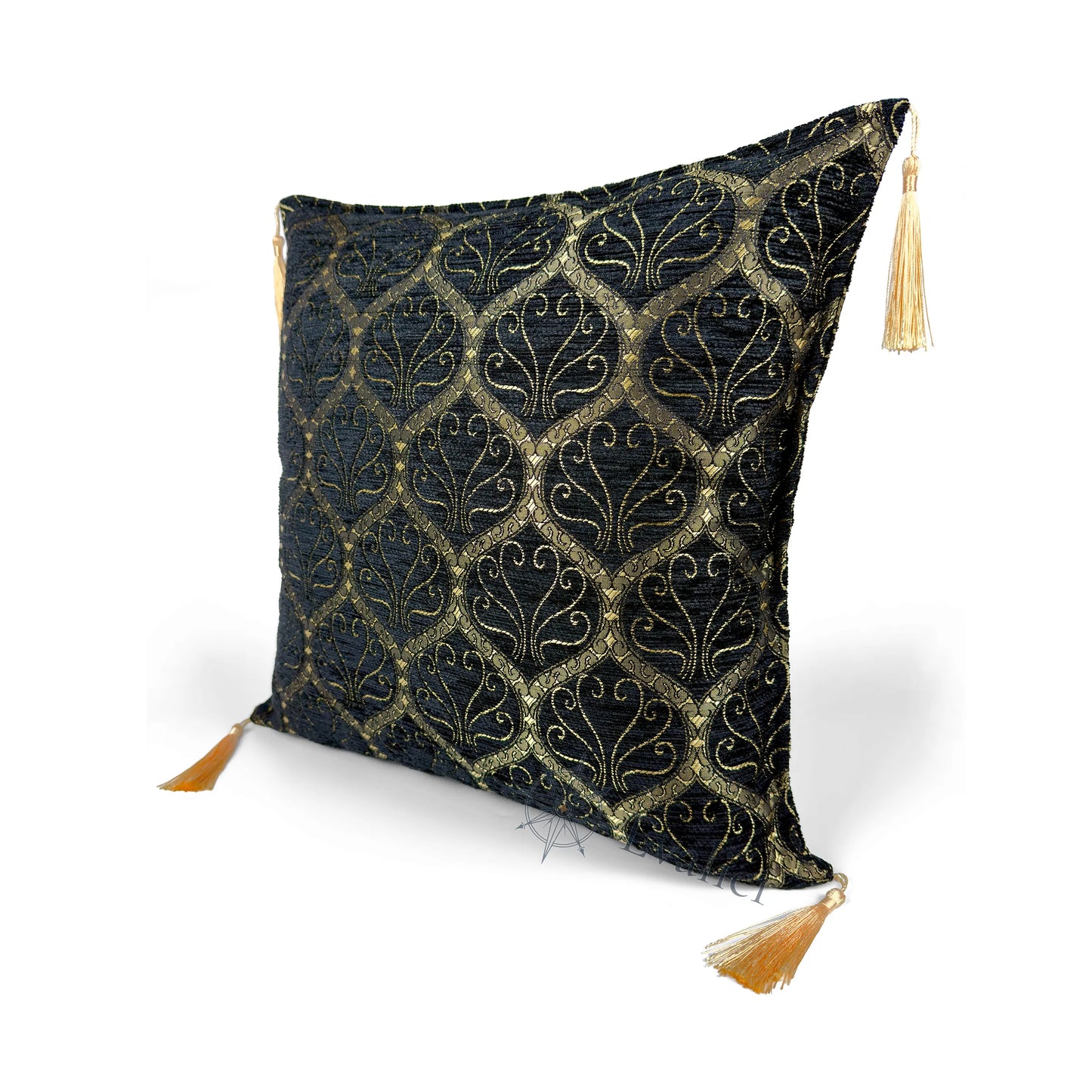 Evalier Obsidian pillow cover – angled front view, Imperial Elegance chenille decorative cushion cover highlighting the ornamental motif, chenille fabric texture, and elegant corner tassels (45 × 45 cm / 18 × 18 in)