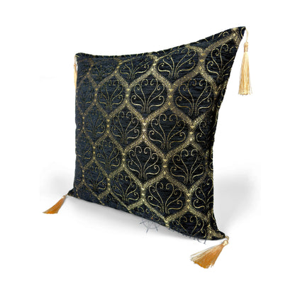 Evalier Obsidian pillow cover – angled front view, Imperial Elegance chenille decorative cushion cover highlighting the ornamental motif, chenille fabric texture, and elegant corner tassels (45 × 45 cm / 18 × 18 in)