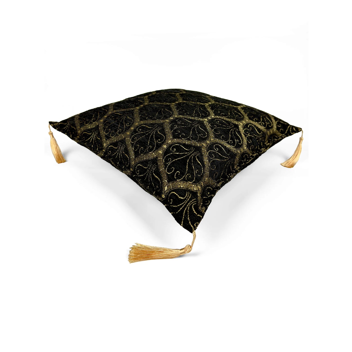 Evalier Obsidian pillow cover – top angled view, Imperial Elegance chenille decorative cushion cover showing overall shape, dimensional form, and ornamental chenille pattern (45 × 45 cm / 18 × 18 in)
