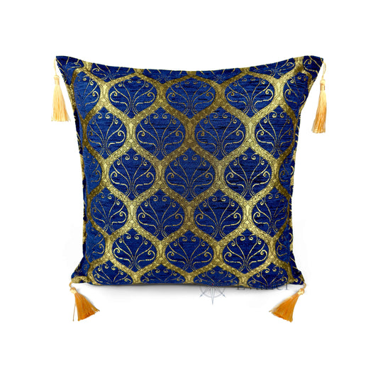 Evalier Sapphire pillow cover – front view, Imperial Elegance chenille decorative cushion cover with ornamental motif and corner tassels (45 × 45 cm / 18 × 18 in)