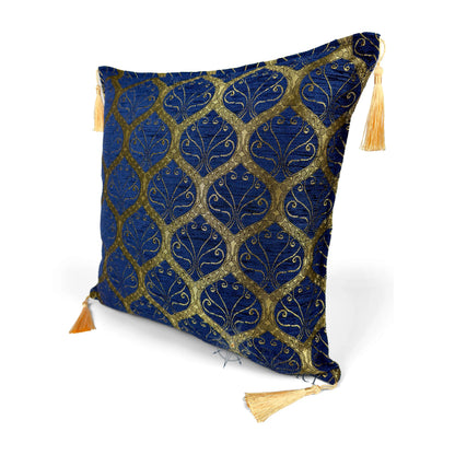 Evalier Sapphire pillow cover – angled front view, Imperial Elegance chenille decorative cushion cover highlighting the ornamental motif, chenille fabric texture, and elegant corner tassels (45 × 45 cm / 18 × 18 in)