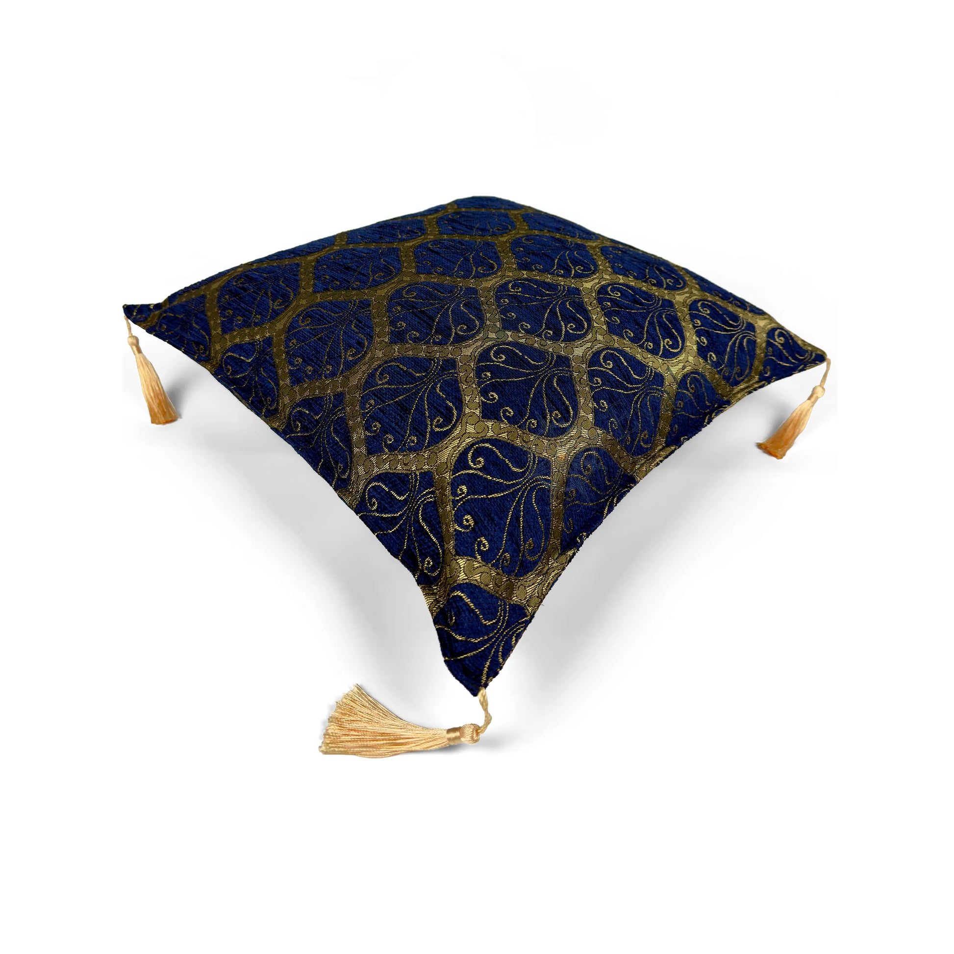 Evalier Sapphire pillow cover – top angled view, Imperial Elegance chenille decorative cushion cover showing overall shape, dimensional form, and ornamental chenille pattern (45 × 45 cm / 18 × 18 in)