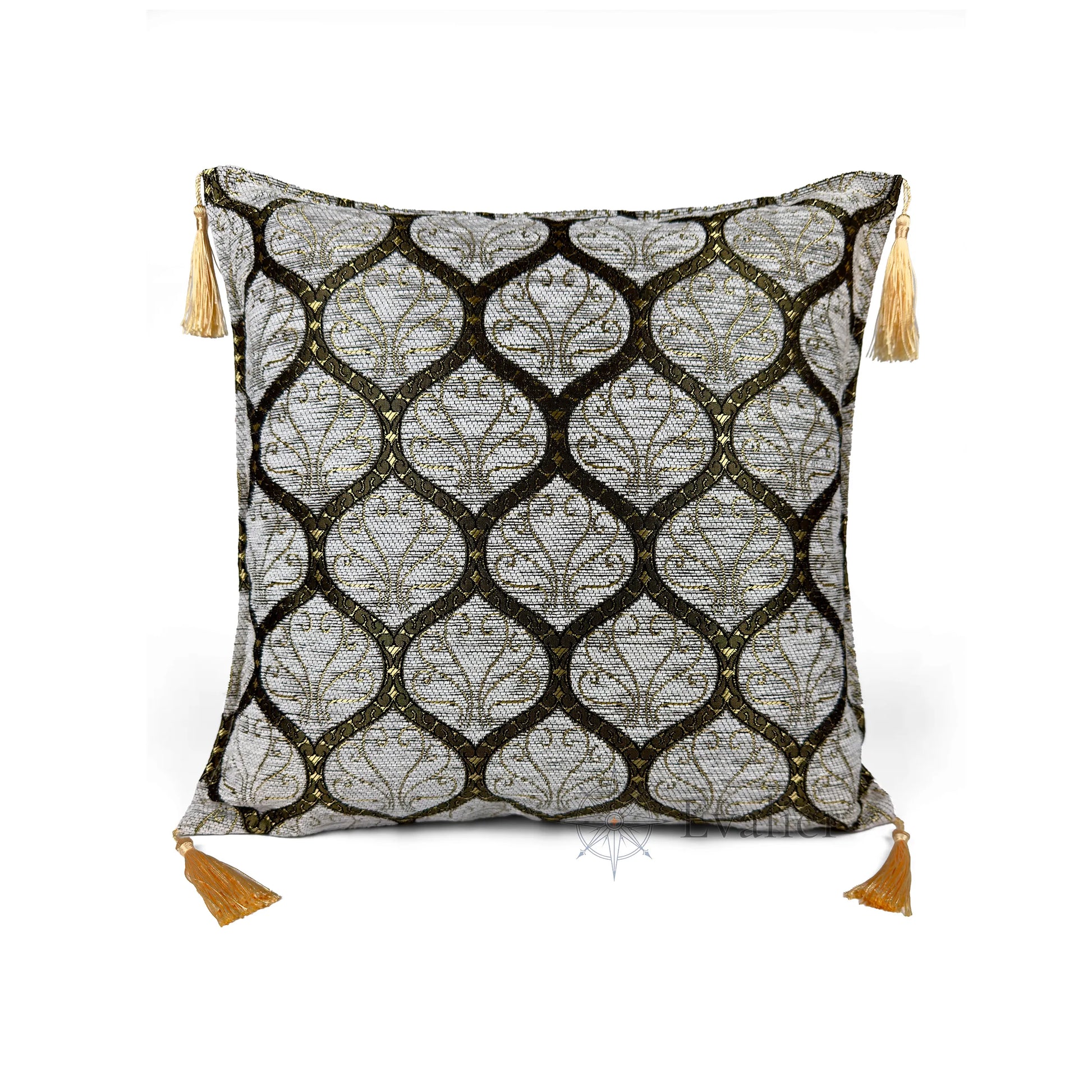 Evalier Pearl Gold pillow cover – front view, Imperial Elegance chenille decorative cushion cover with ornamental motif and corner tassels (45 × 45 cm / 18 × 18 in)
