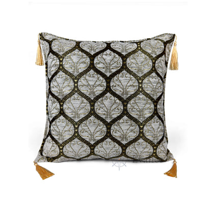 Evalier Pearl Gold pillow cover – front view, Imperial Elegance chenille decorative cushion cover with ornamental motif and corner tassels (45 × 45 cm / 18 × 18 in)