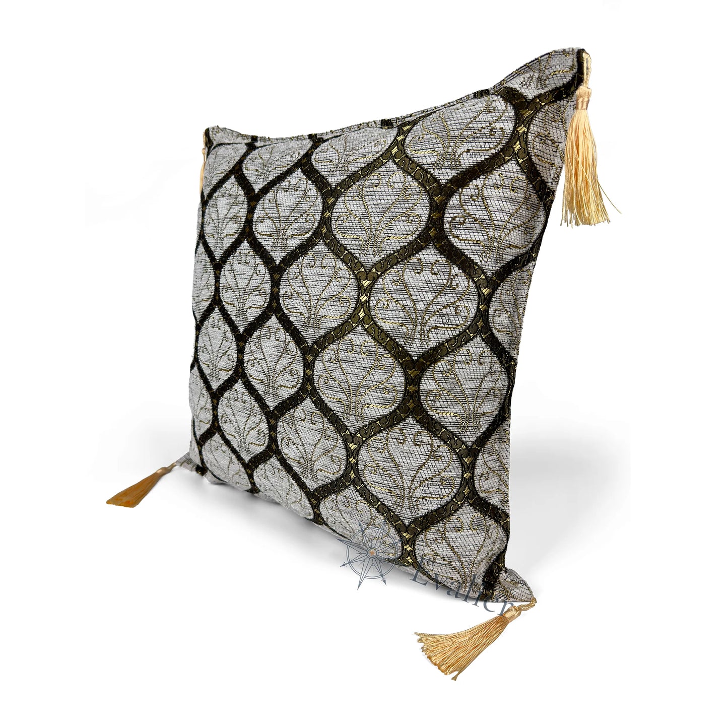 Evalier Pearl Gold pillow cover – angled front view, Imperial Elegance chenille decorative cushion cover highlighting the ornamental motif, chenille fabric texture, and elegant corner tassels (45 × 45 cm / 18 × 18 in)