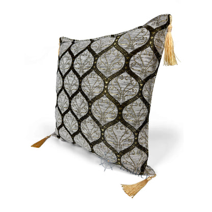 Evalier Pearl Gold pillow cover – angled front view, Imperial Elegance chenille decorative cushion cover highlighting the ornamental motif, chenille fabric texture, and elegant corner tassels (45 × 45 cm / 18 × 18 in)
