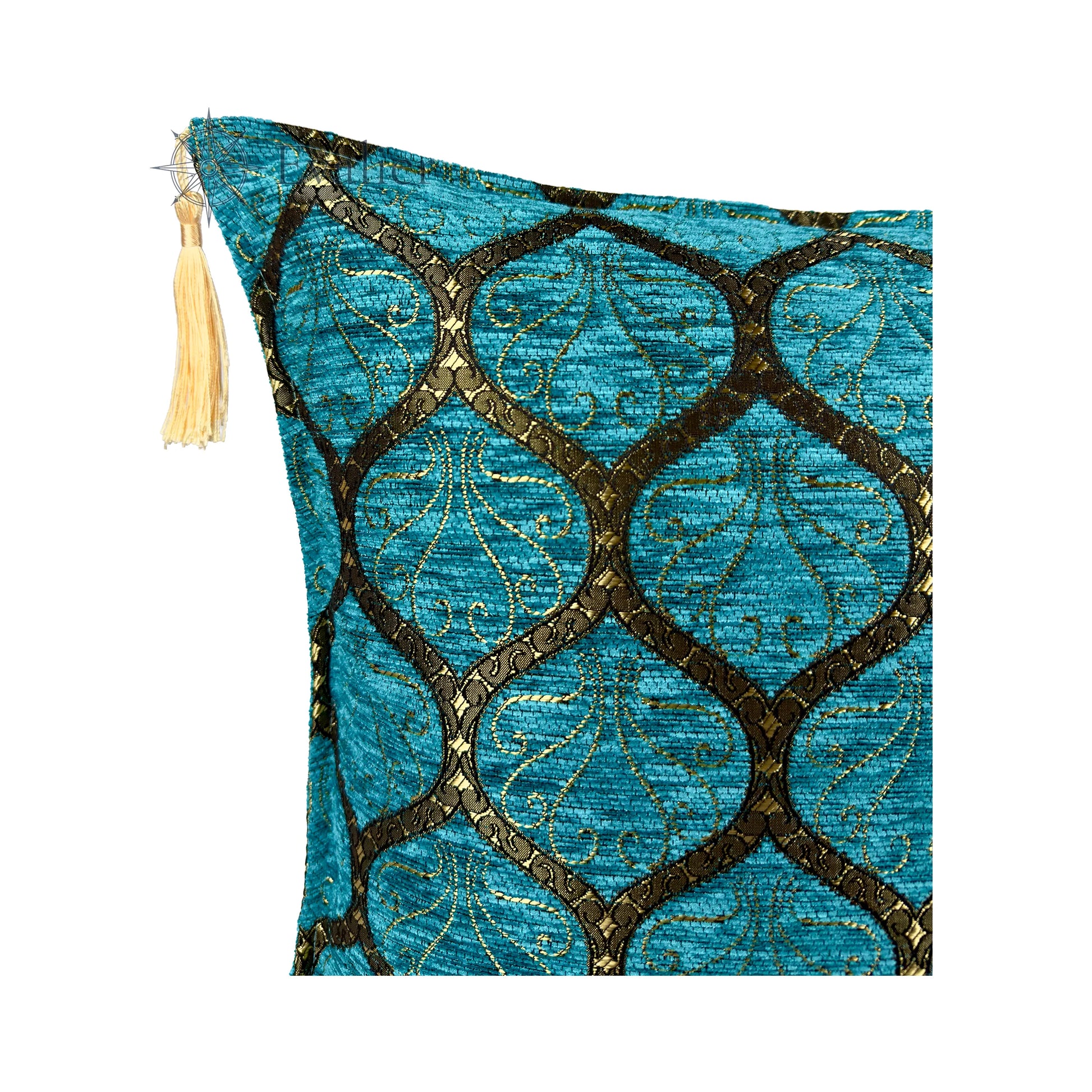 Evalier Turquoise pillow cover – close-up corner detail, Imperial Elegance chenille cushion cover showing fabric texture, ornamental pattern, and tassel detail (45 × 45 cm / 18 × 18 in)