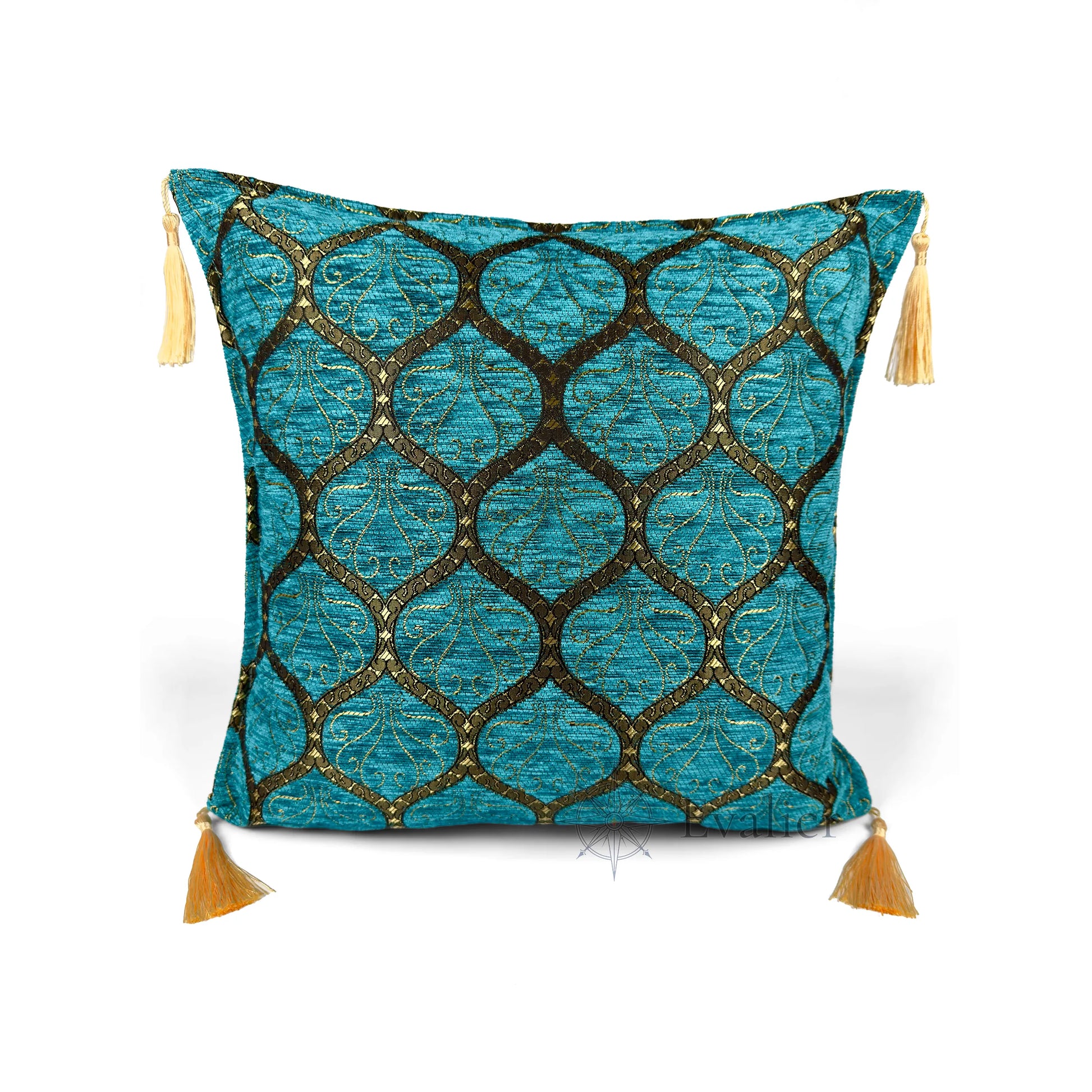 Evalier Turquoise pillow cover – front view, Imperial Elegance chenille decorative cushion cover with ornamental motif and corner tassels (45 × 45 cm / 18 × 18 in)