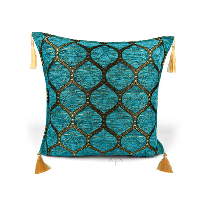Evalier Turquoise pillow cover – front view, Imperial Elegance chenille decorative cushion cover with ornamental motif and corner tassels (45 × 45 cm / 18 × 18 in)