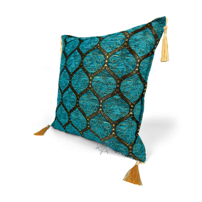 Evalier Turquoise pillow cover – angled front view, Imperial Elegance chenille decorative cushion cover highlighting the ornamental motif, chenille fabric texture, and elegant corner tassels (45 × 45 cm / 18 × 18 in)
