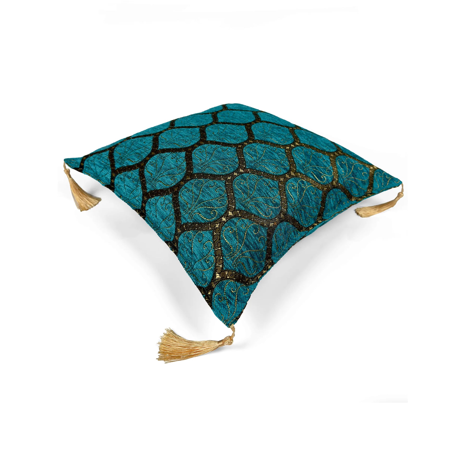 Evalier Turquoise pillow cover – top angled view, Imperial Elegance chenille decorative cushion cover showing overall shape, dimensional form, and ornamental chenille pattern (45 × 45 cm / 18 × 18 in)
