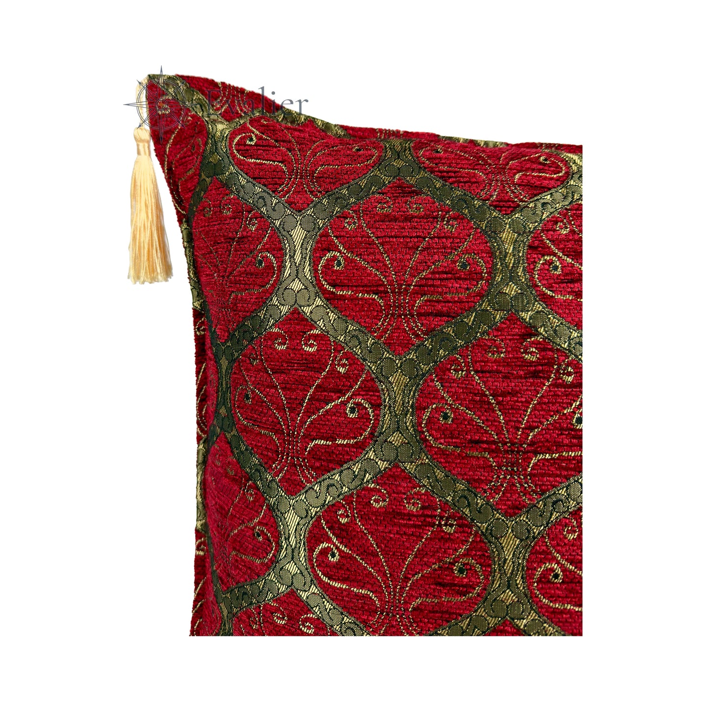 Evalier Ruby pillow cover – close-up corner detail, Imperial Elegance chenille cushion cover showing fabric texture, ornamental pattern, and tassel detail (45 × 45 cm / 18 × 18 in)