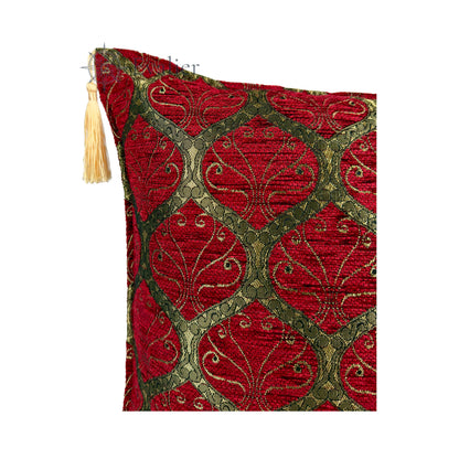 Evalier Ruby pillow cover – close-up corner detail, Imperial Elegance chenille cushion cover showing fabric texture, ornamental pattern, and tassel detail (45 × 45 cm / 18 × 18 in)