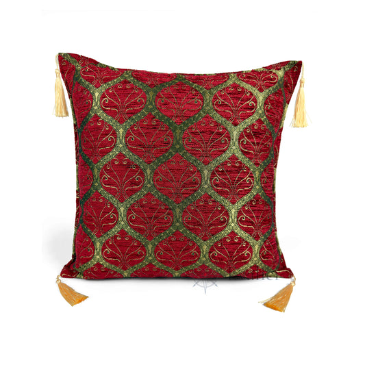 Evalier Ruby pillow cover – front view, Imperial Elegance chenille decorative cushion cover with ornamental motif and corner tassels (45 × 45 cm / 18 × 18 in)