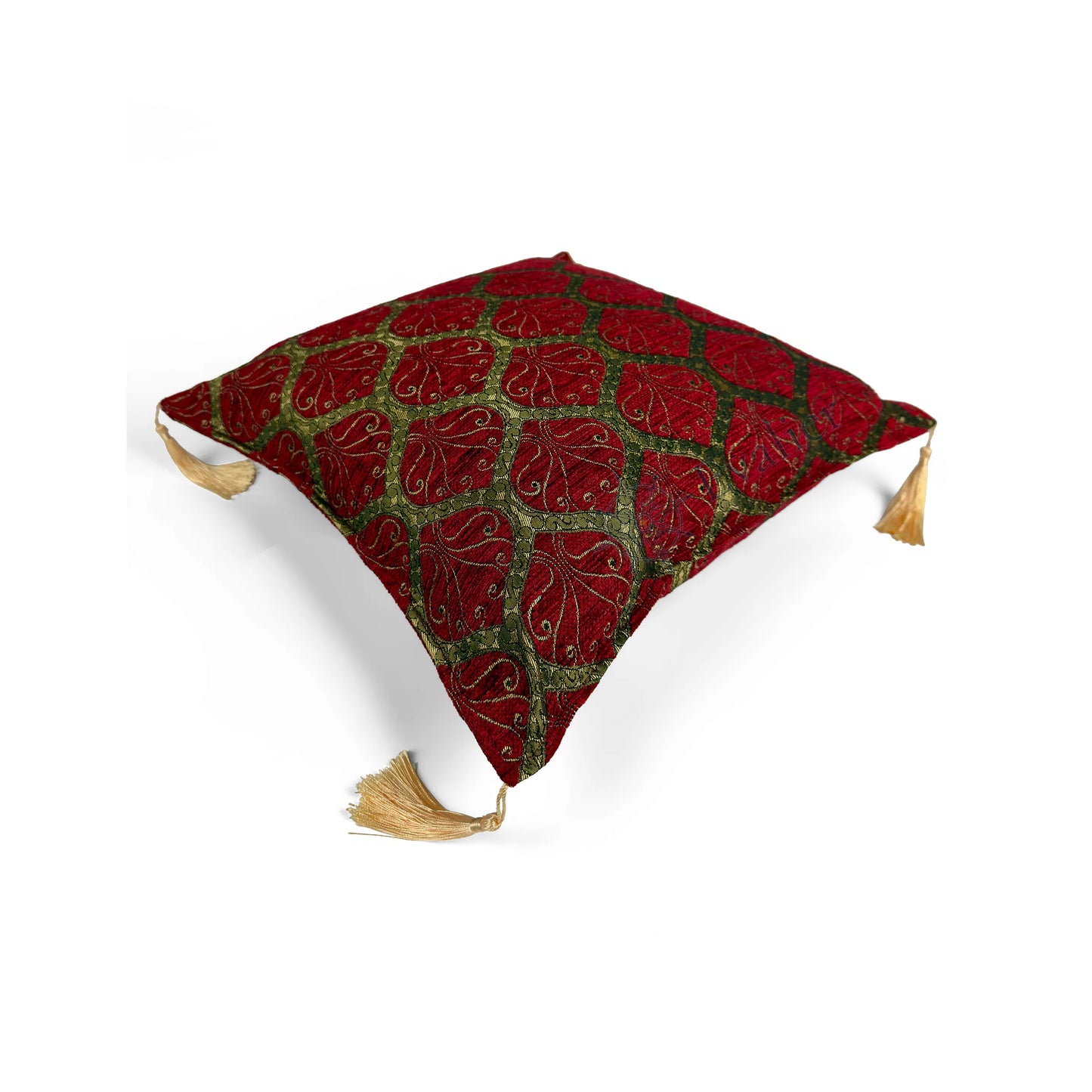 Evalier Ruby pillow cover – top angled view, Imperial Elegance chenille decorative cushion cover showing overall shape, dimensional form, and ornamental chenille pattern (45 × 45 cm / 18 × 18 in)