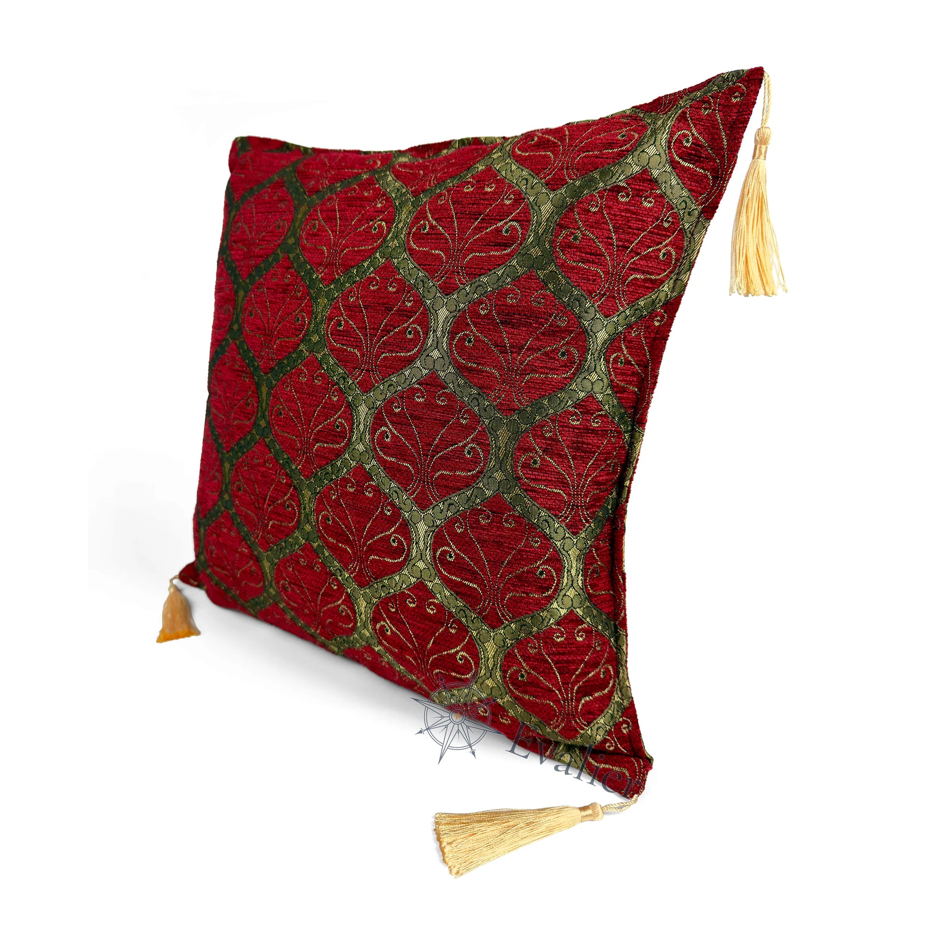 Evalier Ruby pillow cover – angled front view, Imperial Elegance chenille decorative cushion cover highlighting the ornamental motif, chenille fabric texture, and elegant corner tassels (45 × 45 cm / 18 × 18 in)