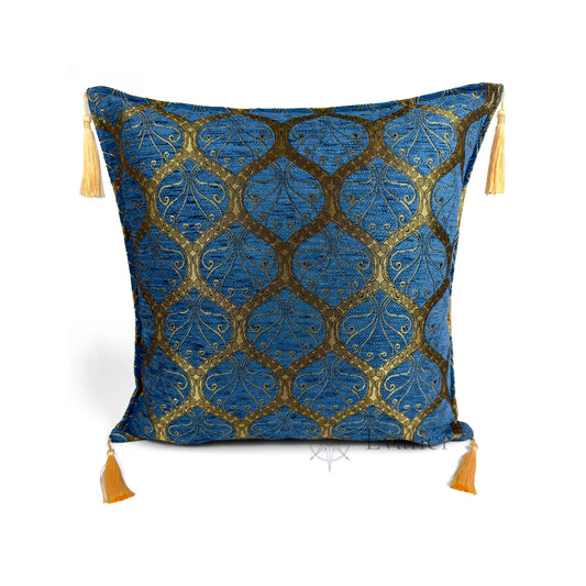 Evalier Royal Blue pillow cover – front view, Imperial Elegance chenille decorative cushion cover with ornamental motif and corner tassels (45 × 45 cm / 18 × 18 in)