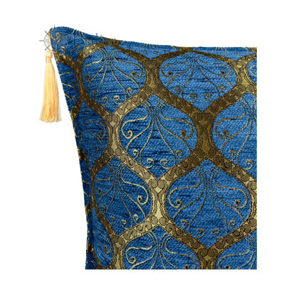 Evalier Royal Blue pillow cover – close-up corner detail, Imperial Elegance chenille cushion cover showing fabric texture, ornamental pattern, and tassel detail (45 × 45 cm / 18 × 18 in)