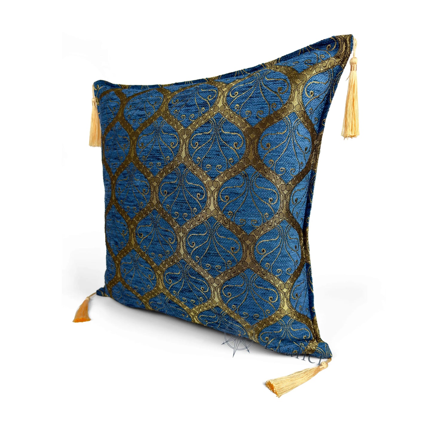Evalier Royal Blue pillow cover – angled front view, Imperial Elegance chenille decorative cushion cover highlighting the ornamental motif, chenille fabric texture, and elegant corner tassels (45 × 45 cm / 18 × 18 in)