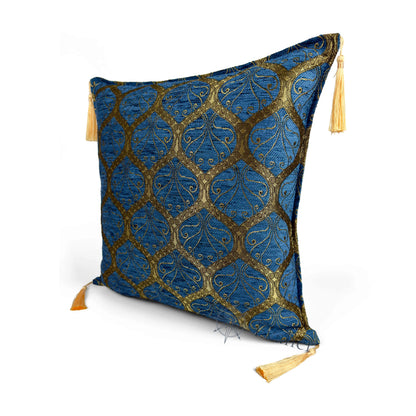 Evalier Royal Blue pillow cover – angled front view, Imperial Elegance chenille decorative cushion cover highlighting the ornamental motif, chenille fabric texture, and elegant corner tassels (45 × 45 cm / 18 × 18 in)
