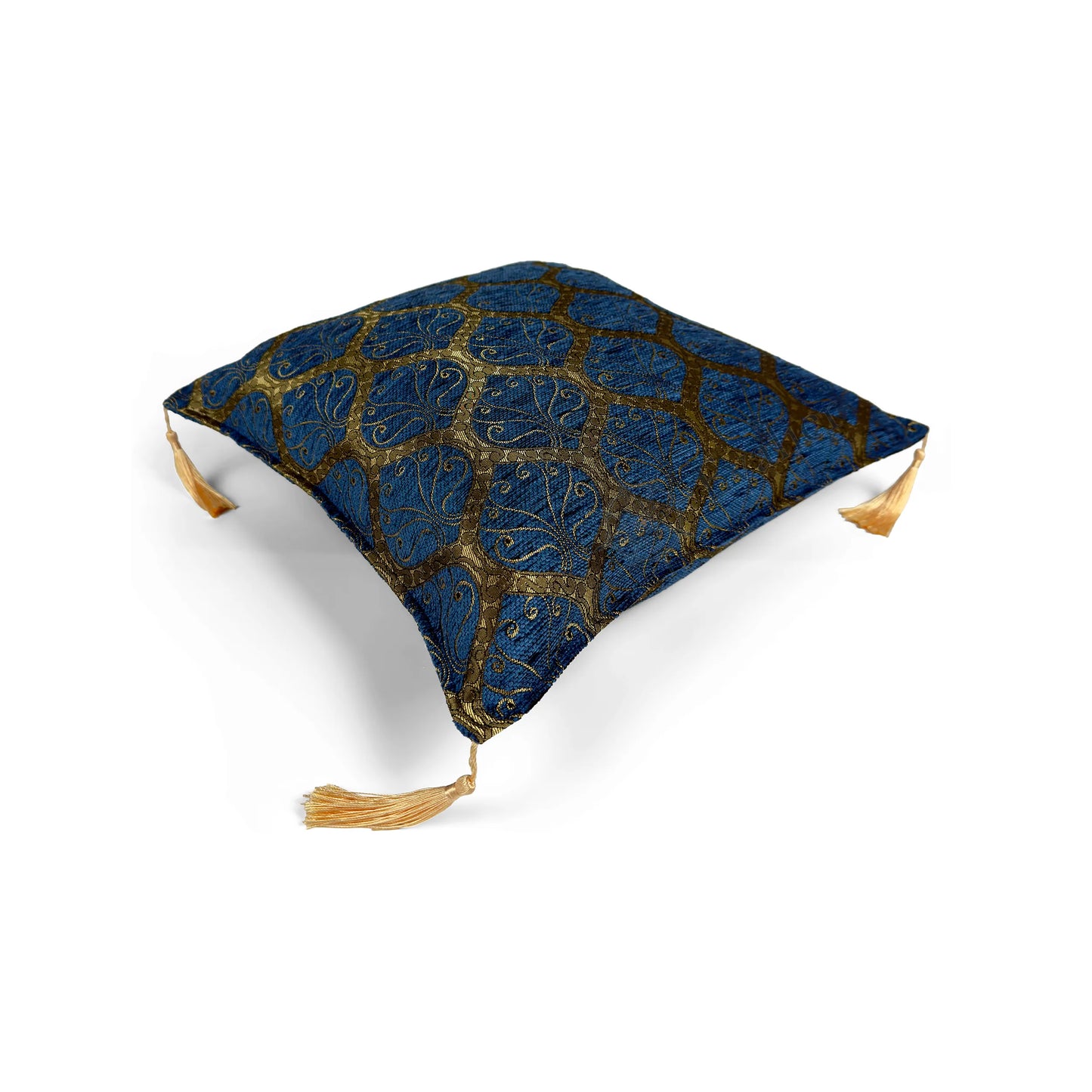 Evalier Royal Blue pillow cover – top angled view, Imperial Elegance chenille decorative cushion cover showing overall shape, dimensional form, and ornamental chenille pattern (45 × 45 cm / 18 × 18 in)
