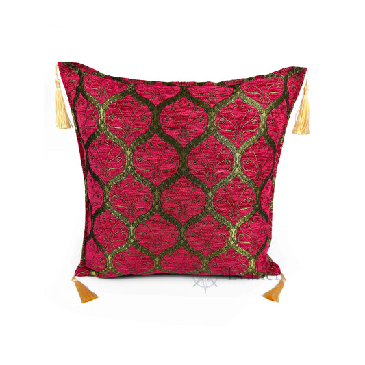 Evalier Rose pillow cover – front view, Imperial Elegance chenille decorative cushion cover with ornamental motif and corner tassels (45 × 45 cm / 18 × 18 in)