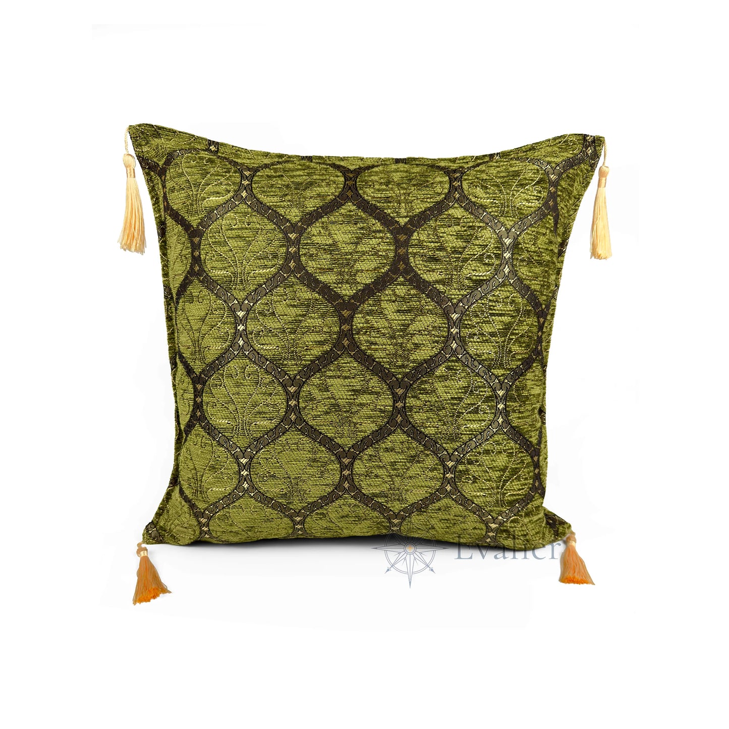 Evalier Olive pillow cover – front view, Imperial Elegance chenille decorative cushion cover with ornamental motif and corner tassels (45 × 45 cm / 18 × 18 in)