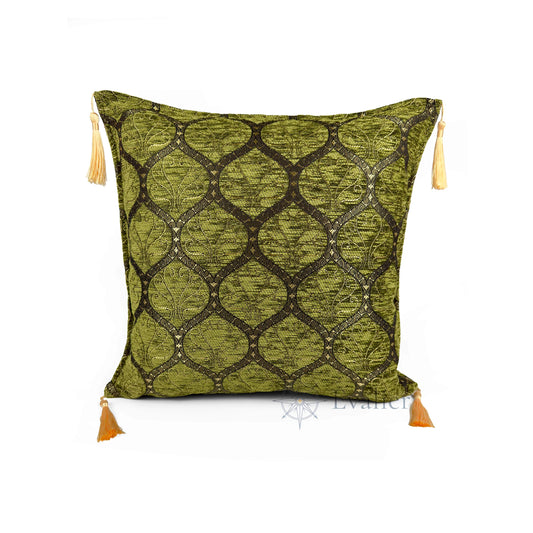 Evalier Olive pillow cover – front view, Imperial Elegance chenille decorative cushion cover with ornamental motif and corner tassels (45 × 45 cm / 18 × 18 in)
