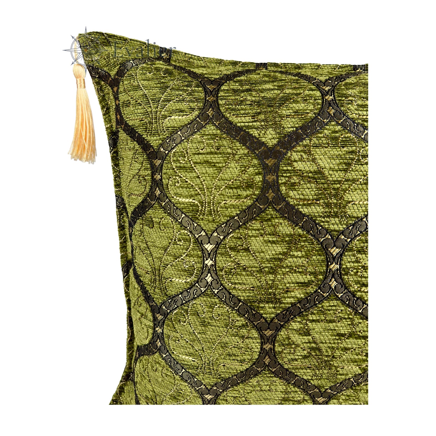 Evalier Olive pillow cover – close-up corner detail, Imperial Elegance chenille cushion cover showing fabric texture, ornamental pattern, and tassel detail (45 × 45 cm / 18 × 18 in)