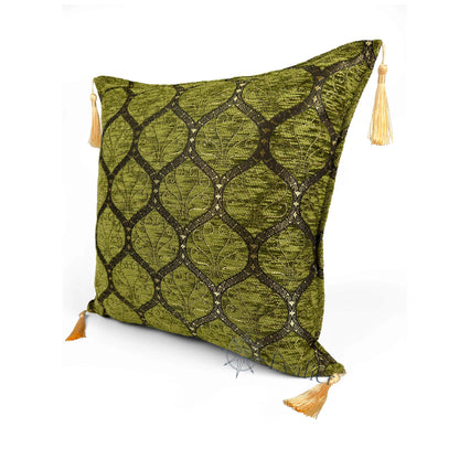 Evalier Olive pillow cover – angled front view, Imperial Elegance chenille decorative cushion cover highlighting the ornamental motif, chenille fabric texture, and elegant corner tassels (45 × 45 cm / 18 × 18 in)
