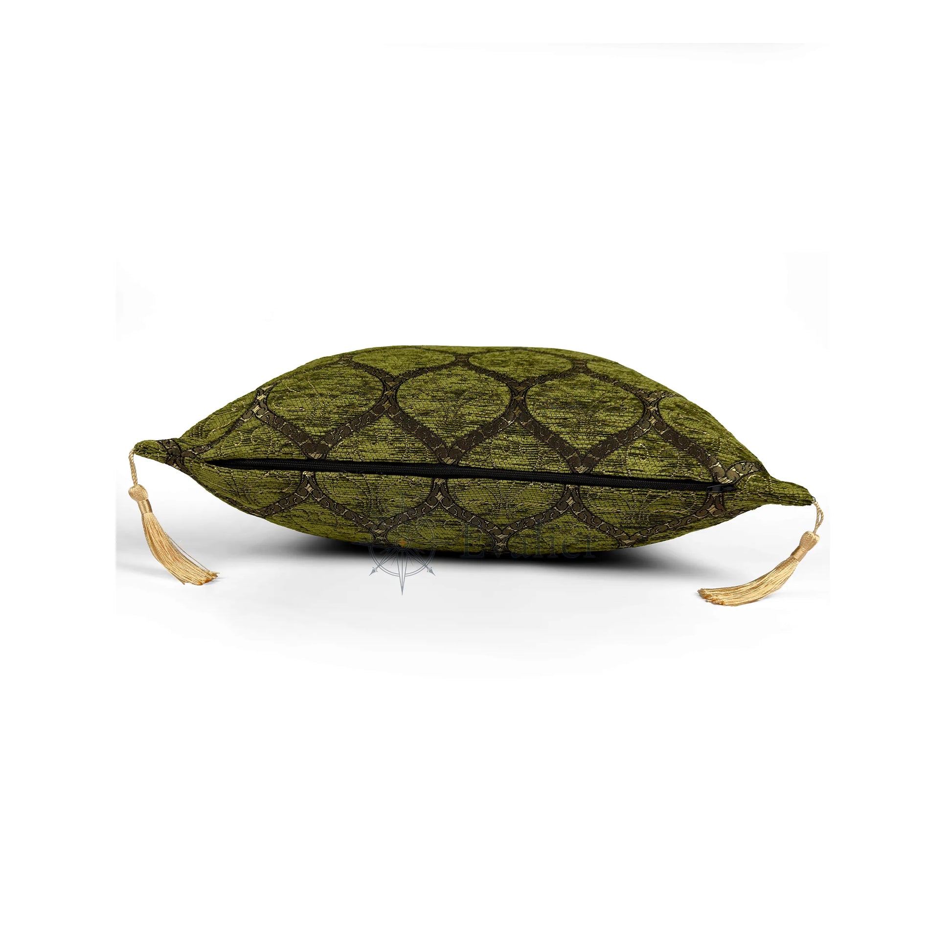 Evalier Olive pillow cover – side profile with hidden zipper, Imperial Elegance chenille decorative cushion cover showing closure detail, tailored construction, and corner tassels (45 × 45 cm / 18 × 18 in)