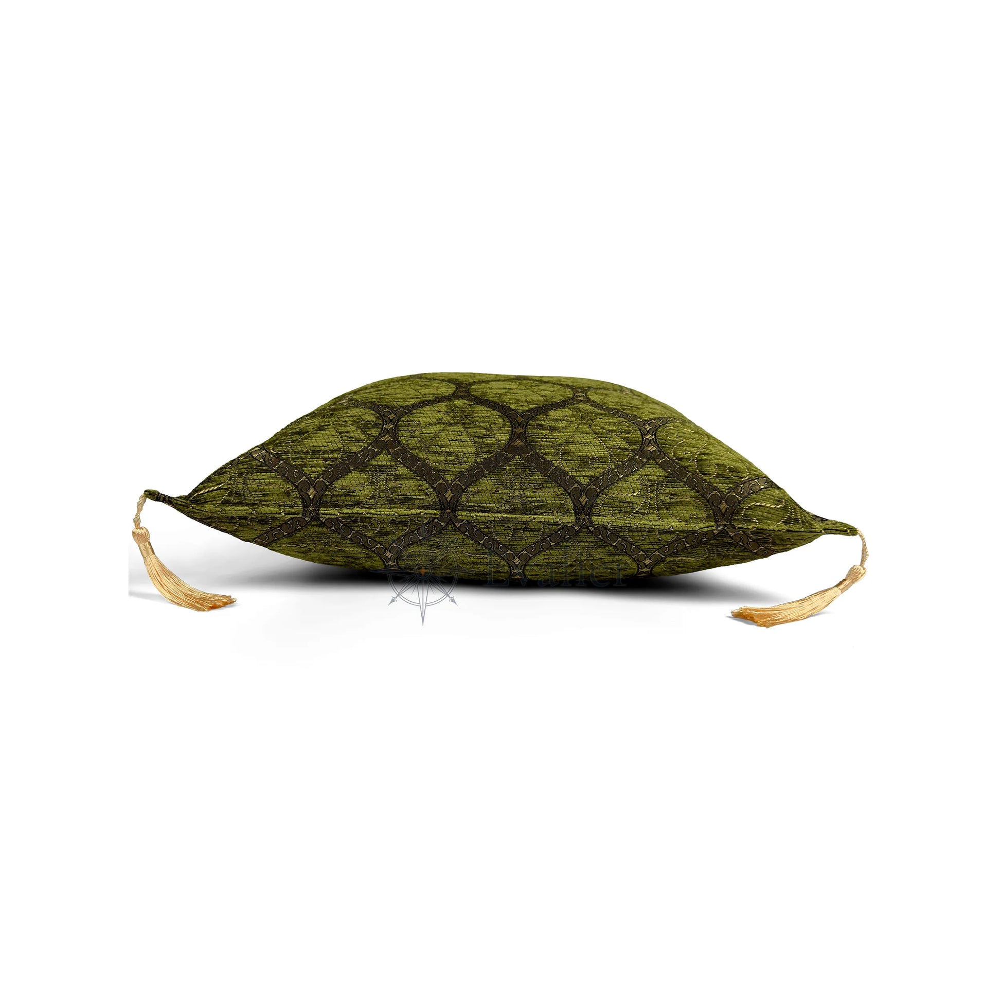 Evalier Olive pillow cover – side profile view, Imperial Elegance chenille decorative cushion cover showing thickness, structured silhouette, and refined shape (45 × 45 cm / 18 × 18 in)
