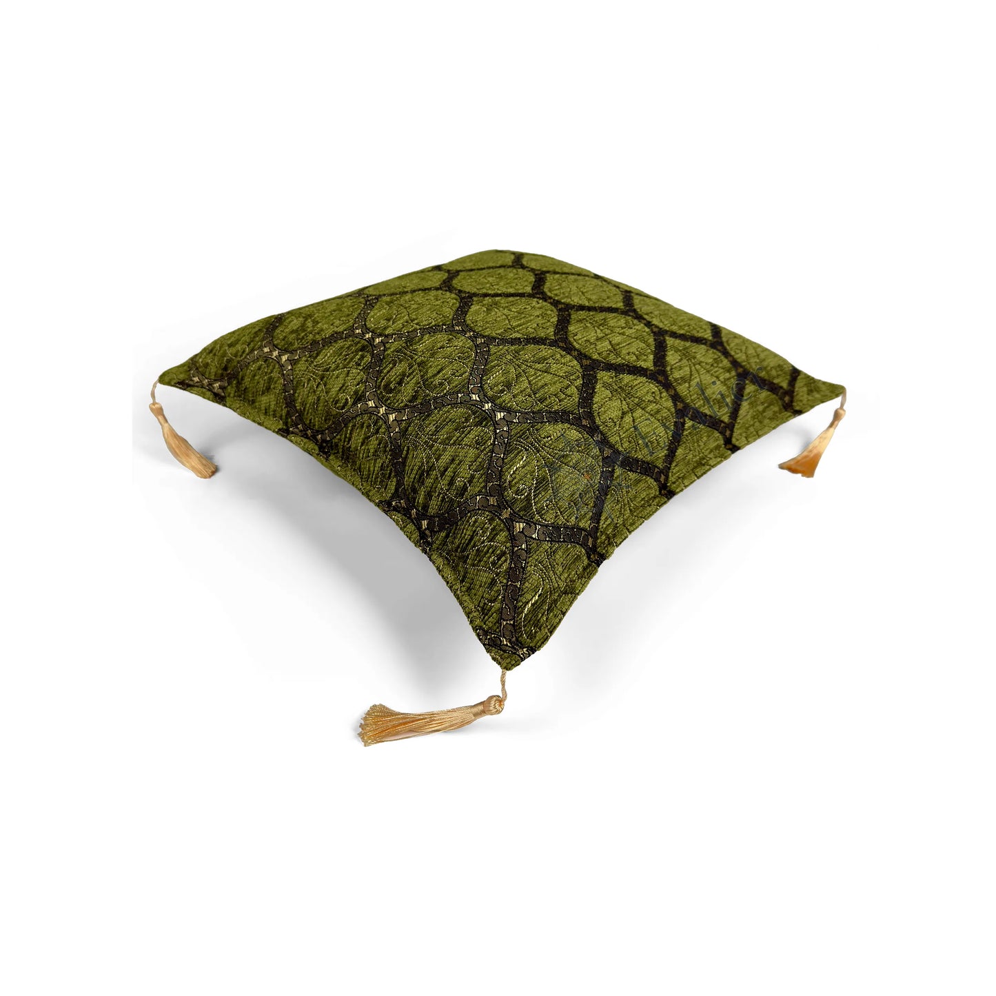 Evalier Olive pillow cover – top angled view, Imperial Elegance chenille decorative cushion cover showing overall shape, dimensional form, and ornamental chenille pattern (45 × 45 cm / 18 × 18 in)