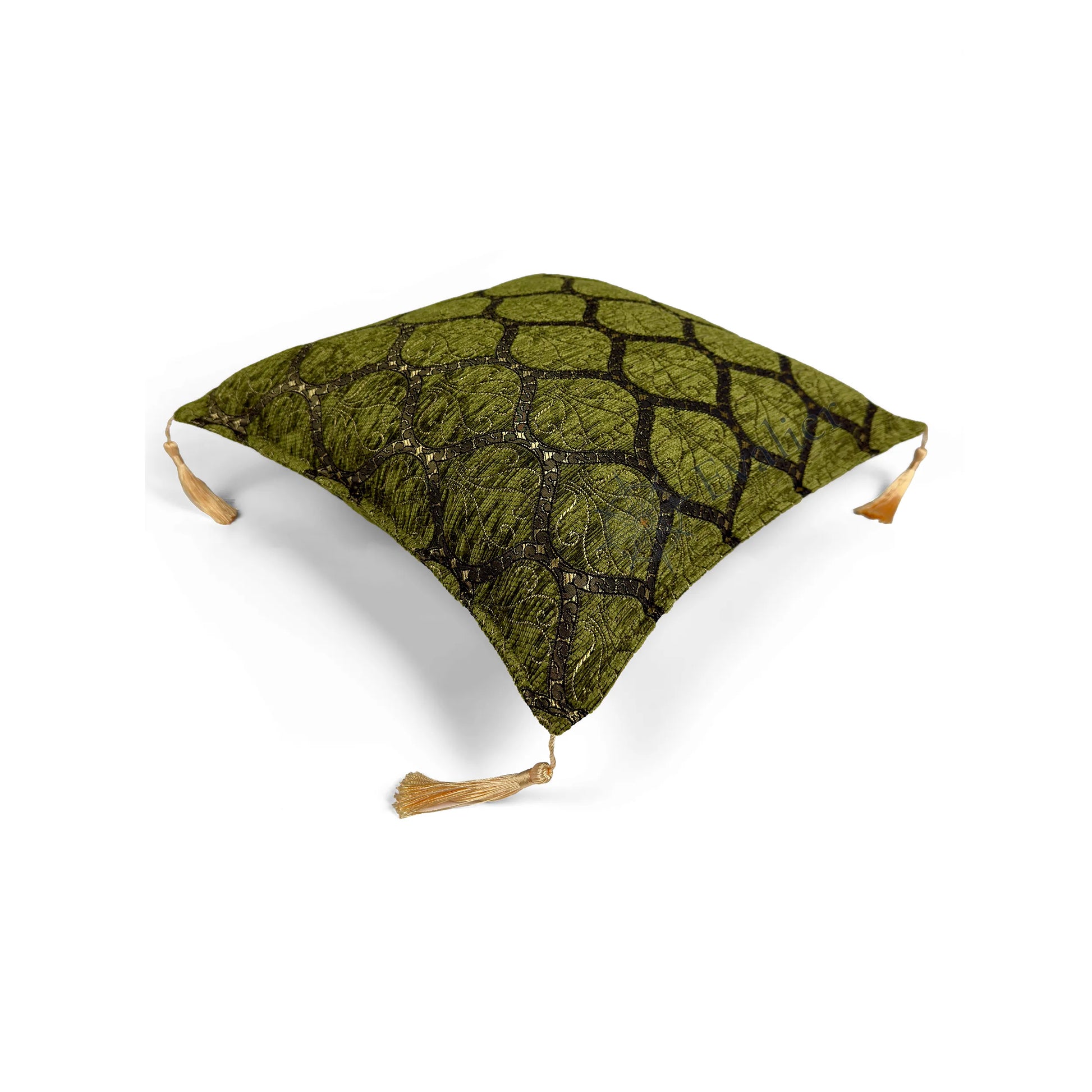 Evalier Olive pillow cover – top angled view, Imperial Elegance chenille decorative cushion cover showing overall shape, dimensional form, and ornamental chenille pattern (45 × 45 cm / 18 × 18 in)