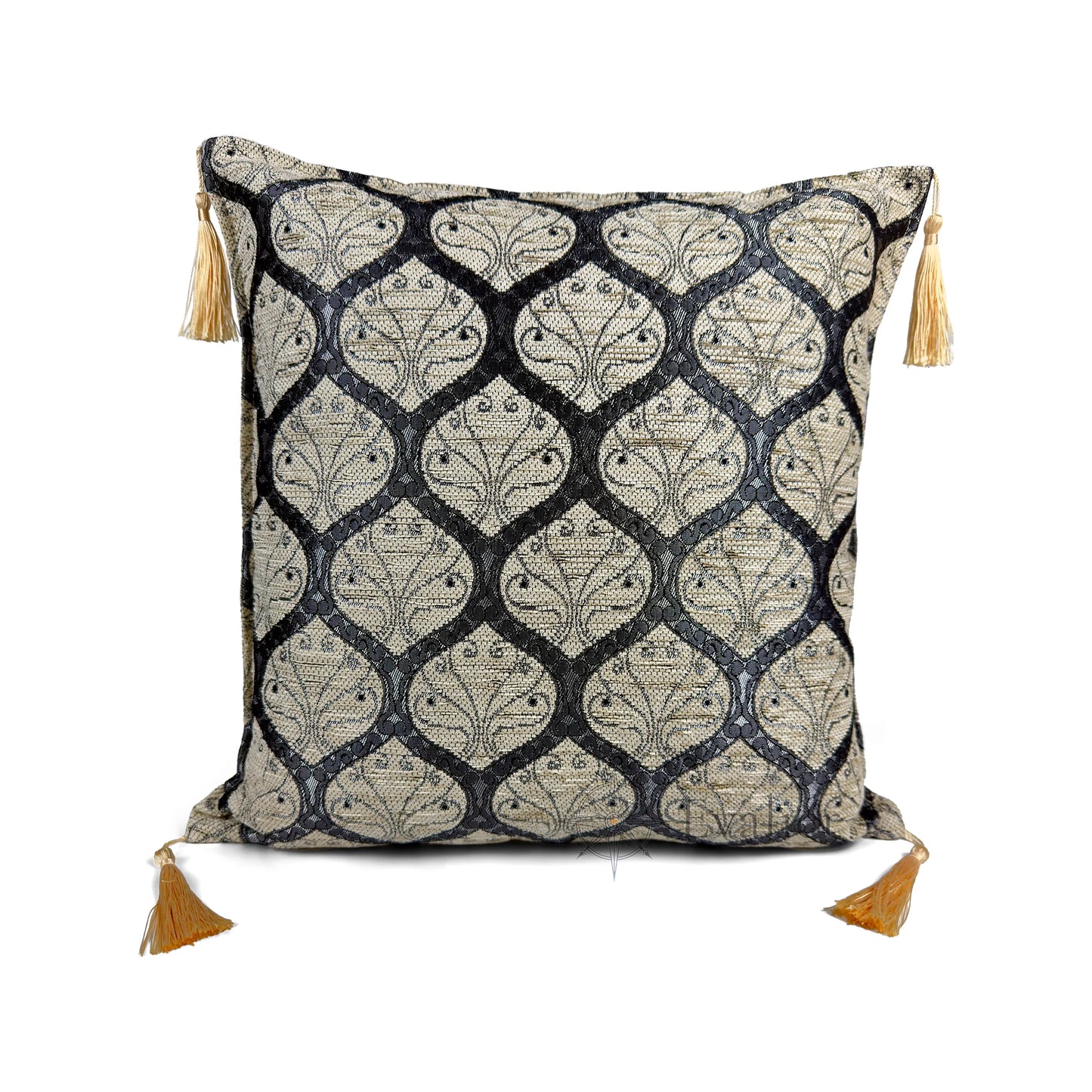 Evalier Platinum Ivory pillow cover – front view, Imperial Elegance chenille decorative cushion cover with ornamental motif and corner tassels (45 × 45 cm / 18 × 18 in)