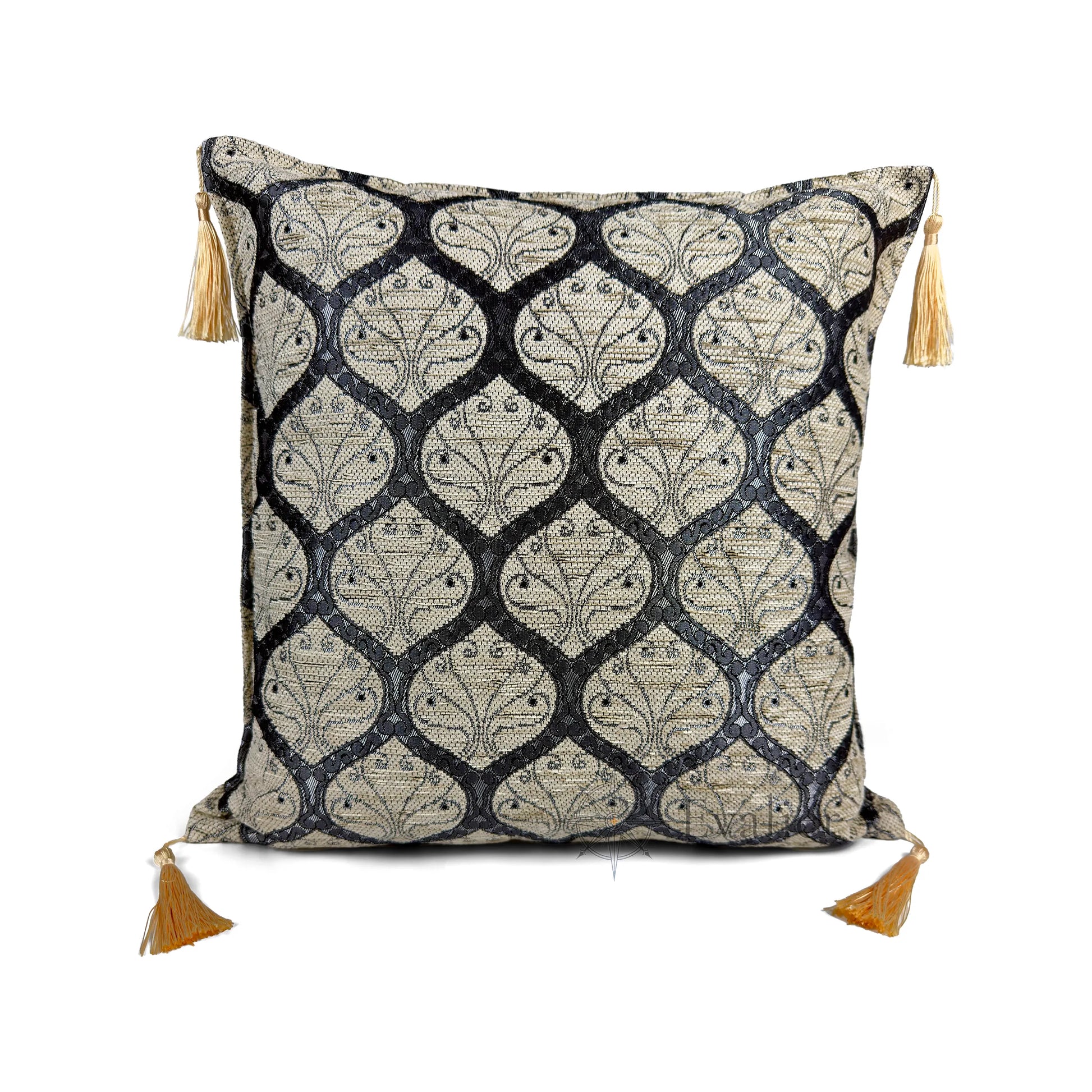 Evalier Platinum Ivory pillow cover – front view, Imperial Elegance chenille decorative cushion cover with ornamental motif and corner tassels (45 × 45 cm / 18 × 18 in)