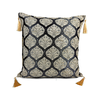 Evalier Platinum Ivory pillow cover – front view, Imperial Elegance chenille decorative cushion cover with ornamental motif and corner tassels (45 × 45 cm / 18 × 18 in)