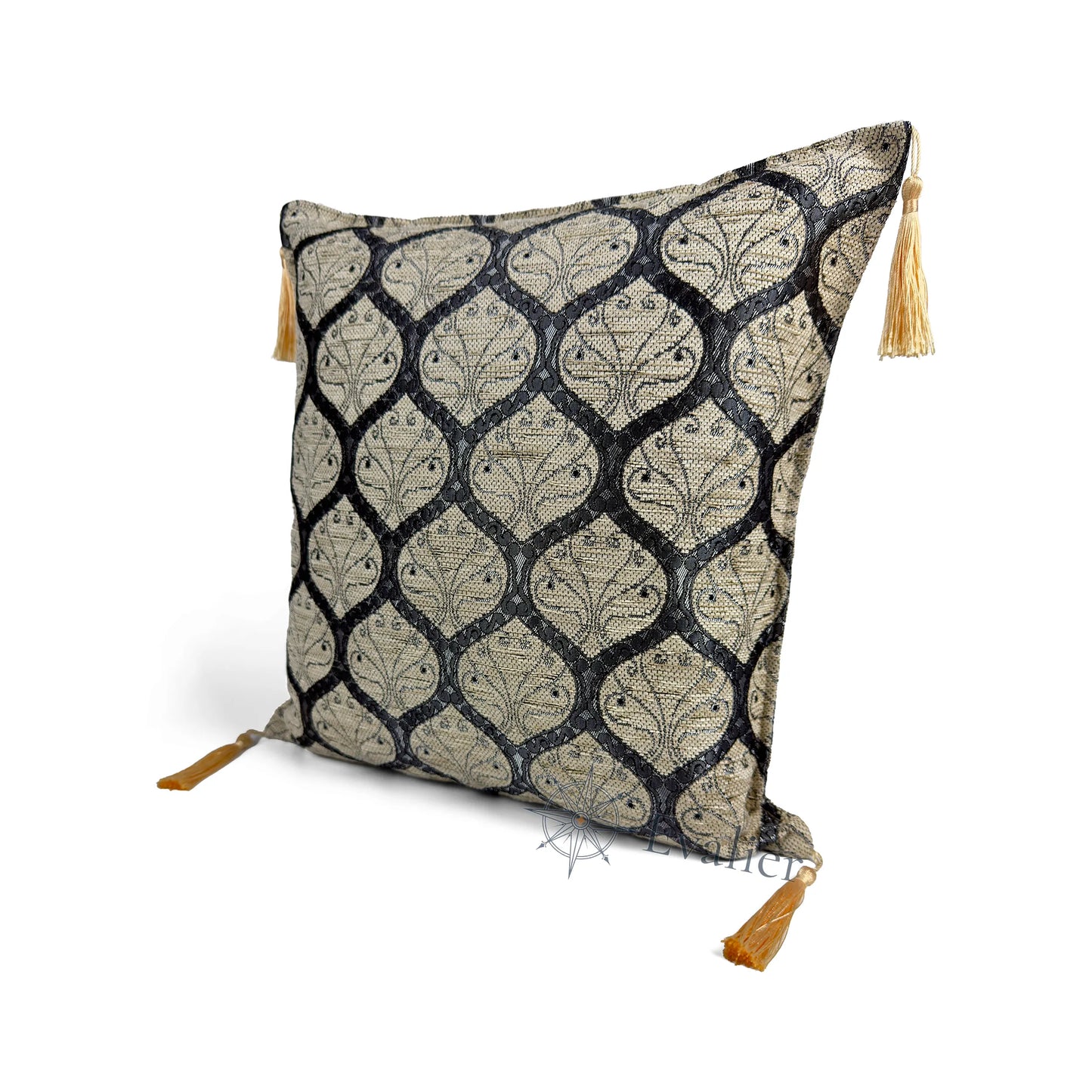 Evalier Platinum Ivory pillow cover – angled front view, Imperial Elegance chenille decorative cushion cover highlighting the ornamental motif, chenille fabric texture, and elegant corner tassels (45 × 45 cm / 18 × 18 in)
