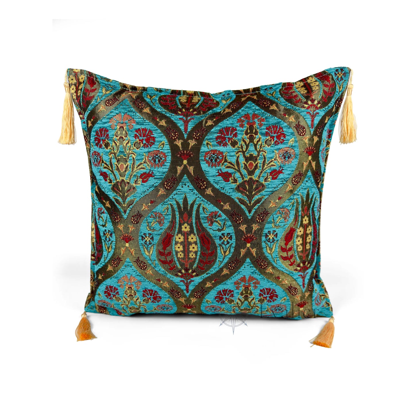 Turquoise pillow cover – front view, Royal Garden woven decorative cushion cover with ornamental motif and corner tassels (45 × 45 cm / 18 × 18 in)