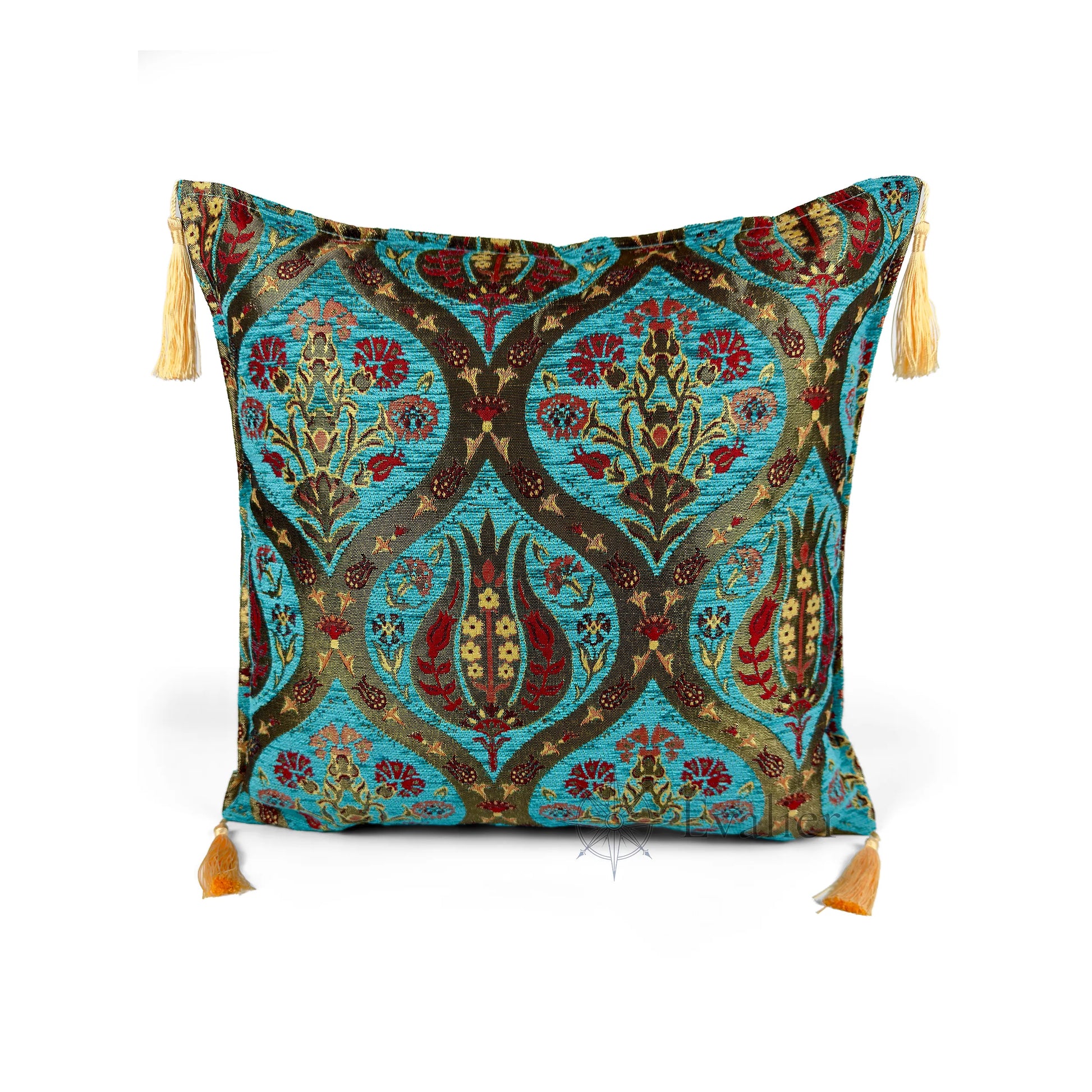 Turquoise pillow cover – front view, Royal Garden woven decorative cushion cover with ornamental motif and corner tassels (45 × 45 cm / 18 × 18 in)